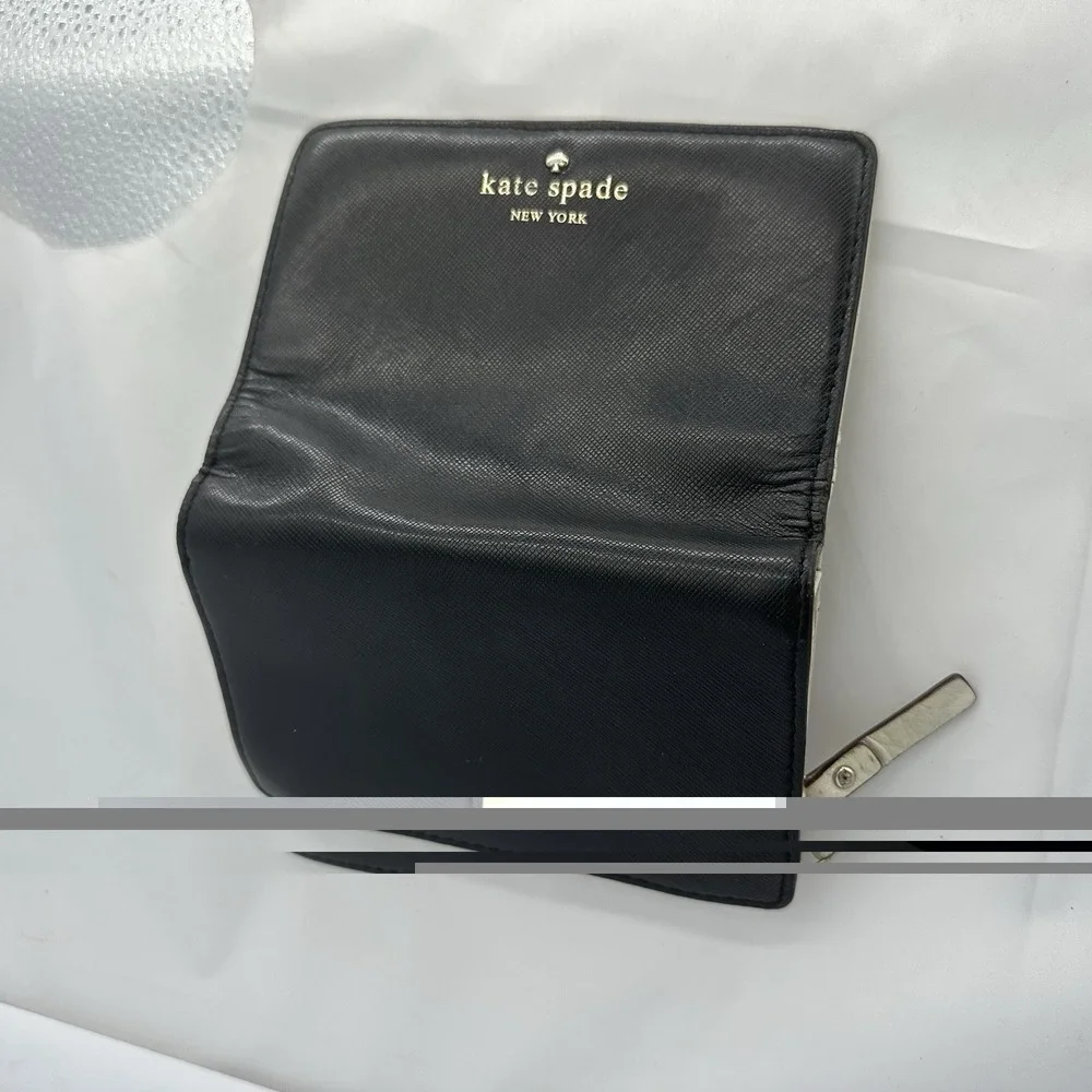 Kate Spade New York Black Folding Wallet Logo Zipper Credit Card Gold Hardware